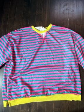 Women's Bright Pink and Teal Striped Sweater with Yellow Trim